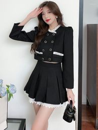 Work Dresses Fall/Winter Sweet Wool Two Piece High Waist Pleated Skirt Small Fragrance Double Breasted Long Sleeve Short Blazer Jacket Coat