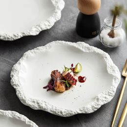 Customised Nordic Ceramic Plate Irregular Stone Pattern Edge Platter Dessert Serving Dishes White Dinner Plates