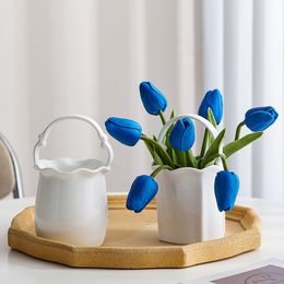 Decorative Objects Figurines Simple White Ceramic Handbag Vase Room Decor Home Living Decoration Cachepot for Flowers 230715