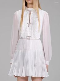 Casual Dresses Women Rhinestone Bow Decoration Dress Pleated White Long Sleeved Ruffles O-neck Female Mini Robes With Belt