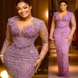 2023 Aso Ebi Lilac Sheath Prom Dress Beaded Lace Sexy Evening Formal Party Second Reception Birthday Engagement Gowns Dresses Robe De Soiree ZJ740