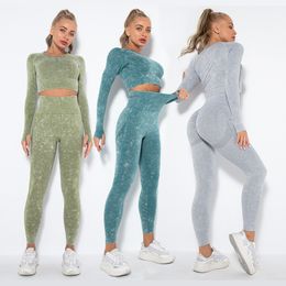 Yoga Outfit Seamless Set Women Workout Training Suit Fitness Clothes Long Sleeve High Waist Tights Leggings Sportswear Clothing 230715