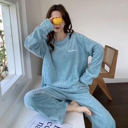 Women's Sleepwear Autumn And Winter Flannel Pyjamas Two-piece Wram Plus Velvet Home Service Casual Striped Warm Pyjamas Suit Women Set