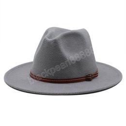 Autumn Winter Wool Felt Jazz Fedora Hats Belt Buckle Decor Women Unisex Wide Brim Panama Trilby Cowboy Cap Sun hat