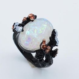 Cluster Rings 2023 Vintage Black Big Egg Shaped Opal Plum Blossom Flower Wedding Engagement Ring For Woman US Size 6-10