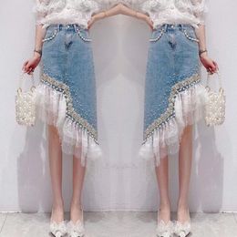 Skirts 2023Denim Skirt Female Summer Korean Style Sweet Heavy Industry Beads Lace Stitching Irregular Hem Fashion