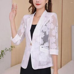 Women's Suits Hollow Lace Flower Summer Sunscreen Women Stylish Lapel Sheer Mesh Yarn Stitching 3/4 Sleeve One Button