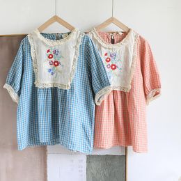 Women's Blouses 114cm Bust / Summer Women Mori Kei Girl Floral Embroidered Lace Patchwork Plaid Loose Plus Size Comfy Linen Shirts/Blouses