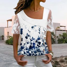 Women's Blouses Colorful Floral Print Summer Tee Shirt Skew Collar Lace Stitching Women T-shirt Short Sleeve Loose Fit Pullover Tops Blouse