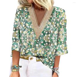 Women's Blouses Floral Print Shirt Colourful Flower V Neck Hollow Out Three Quarter Sleeves A Stylish Breathable Top For Summer