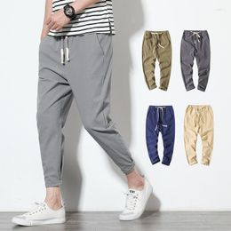 Men's Pants 2023 Summer Casual Slim Trend Cotton Linen Cropped Solid Colour Small Leg Sports