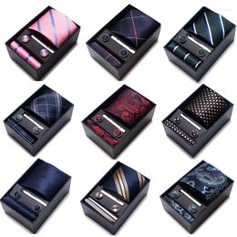 Bow Ties 6pcs Set Gift Box For Men Business 7.5cm Floral Polyester Necktie Pocket Square Clip Cufflinks Handkerchief Suit Accessories