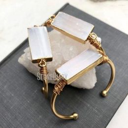 Bangle BM27696 White Selenite Gemstone Adjustable Rectangle Shape Cuff Wire Wrapped Gold Plated Bracelet