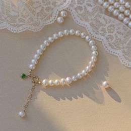 Strand Luxury Vintage Natural Pearl Beaded Bracelet For Women Fashion Korean Bangles Green Crystal Pendant Jewellery Accessories