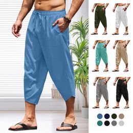 Men's Pants Men Summer Solid Colour Capri Harem Shorts Elastic Waist Drawstring 3/4 Length Cropped Trousers Baggy Sweatpants