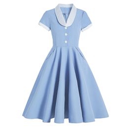 Sets Vintage Skirt Court Light Dress Soild Color Collar Performance Dress Big Swing Midlength Dress 8296