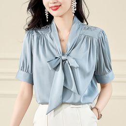 Women's Blouses Summer Real Silk Blouse Elegant Bow Short Sleeve Shirts For Women Embroidery Loose Tops Office Lady Work Shirt