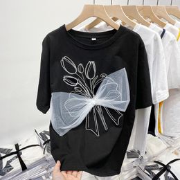 Women's T Shirts Summer Ladies Tees Floral Print Mesh Splicing T-shirt Women Short Sleeve Loose Pure Cotton TShirt Female Black Tops Femme