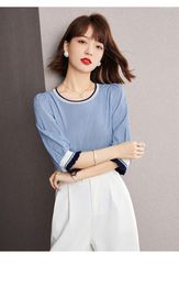 Women's T Shirts 2023 Spring Three-Quarter Sleeve Chiffon Shirt Small Plaid Top French Edge Fashion Bottoming Women