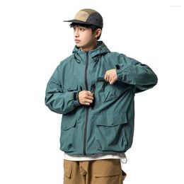 Men's Jackets Men Outdoor Loose Casual Multi Pocket Zipper Workwear Hooded Hardshell Jacket Male Mountain Wear Windbreaker Cargo Coat