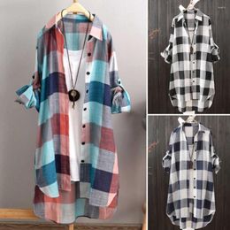 Women's Blouses Shirts Turn-Down Collar Roll-up Sleeve Buttons Closure Sunscreen Shirt Plaid Print Mid-Length Loose Female Clothes