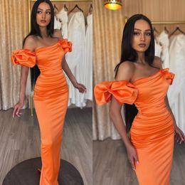 Elegant Orange Prom Dresses Strapless Sheath Evening Gowns Pleats Puffy Sleeves Formal Long Special Occasion Party dress