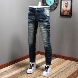 Men's Jeans Fashion Designer Men Retro Blue Elastic Slim Fit Ripped Trousers Italian Vintage Denim Pants Hombre