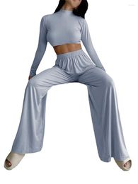 Active Sets Women Fall Pants Outfits Solid Color Mock Neck Long Sleeve Crop Tops Wide-Leg 2 Pieces Clothes Set For Yoga Suits