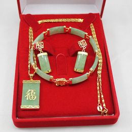 Necklace Earrings Set Fashion Natural 1 Pendant Pair Bracelets Green Stone For Women Girl Lucky Jewellery Party Gifts