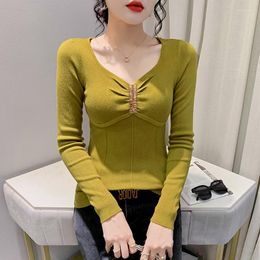 Women's Sweaters Fall Winter European Clothes Knitted Chic Sexy V-Neck Beads Pullover Bottoming Shirt Long Sleeve Tops 1093