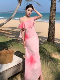 Casual Dresses Summer Pink Sexy Club Tie Dye Ruffle Backless Long Dress For Women Fashion Slim Female Elegant Vacation Robe 2023 Vestidos