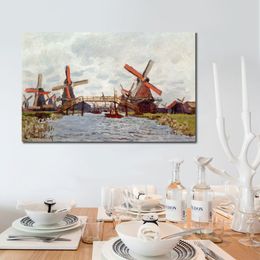 Fine Art Canvas Painting Windmills Near Zaandam Handcrafted Claude Monet Reproduction Artwork Home Decor