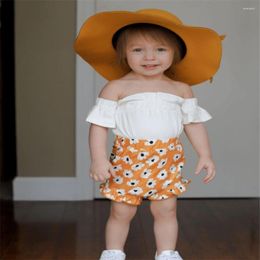 Clothing Sets Summer Baby Girls 2Pcs Suits Kids Toddler Solid Colour Short Sleeve Off Shoulder T-Shirt Top Floral Print Elastic Waist Shorts