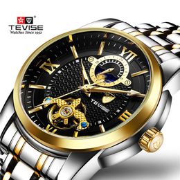 TEVISE Fashion Mens Watch Luxury Business Men Watches Tourbillon Design Stainless Steel Strap Automatic Wrist Watches313D