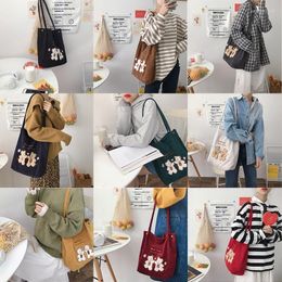 Shopping Bags Korean INS Corduroy Embroidery Bear Women Shoulder Bag Student Girl Handbag All-match Ladies Large Cute Casual Tote