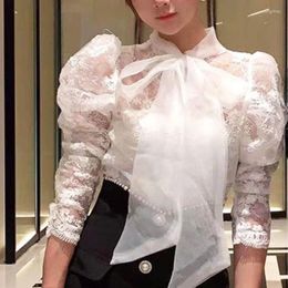 Women's Blouses See Through Sexy Lace Shirt Woman Mesh Embroidery With Bow Tie Collar Elegant Short Blouse Women Puff Long Sleeve Tops 26651
