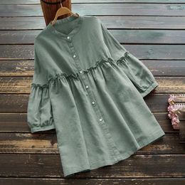 Women's Blouses Loose O Neck Oversized Solid Women Shirt Leisure Ruffles 3/4 Sleeve Vintage Green Black Casual Button Up Tops Blusas