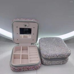 Jewellery Pouches Portable Mini Square Leather Rhinestone Box Blingbling Earrings RIngs Displayer Cute Jewel Storage Travel Case