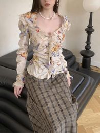 Women's Blouses Chic Print Floral Shirt Women Long Sleeve Design Vintage Korean Fashion Fairy Blouse Ladies Tops Y2k