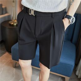 Men's Shorts Black White Khaki Summer Elastic Waist Design Drape Straight Trousers Cropped Shor Pants With Buckle