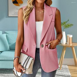 Women's Suits Women Blazer Waistcoat Lapel Single Button Business Jacket Sleeveless Solid Color Mid Length Lady Suit Coat