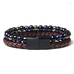 Strand 2pcs Men Bracelet Natural Stone Brown Leather Black Stainless Steel Magnetic Clasp Jewelry Gift Male