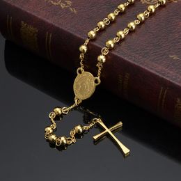 Waistcoats Jesus Cross Pendant Necklace Stainless Steel Gold Colour for Women Religious Christian Jewellery Rosary Beads Simple Gifts