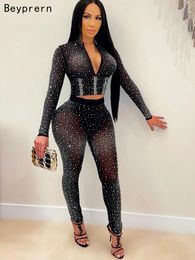 Dress Beyprern Sparkle Crystal Pants Set Outfits New Spring See Through Rhinestone Studded Crop Top and Legging Set Party Club Wears