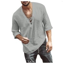Men's Casual Shirts Vintage Shirt For Men Cotton Linen Solid Color Long Sleeve Loose Stand Collar Clothes Drop