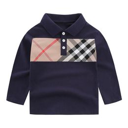 Cute Baby Boys Brand T-shirts Spring Autumn Kids Plaid T-shirt Children Long Sleeve Shirts Turn-Down Collar Boy Cotton Tops Tees 2-8 Years