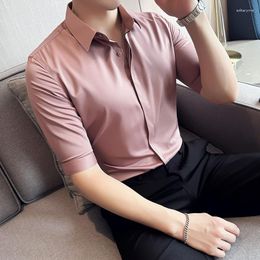 Men's Dress Shirts 2023 Summer Ice Silk Business Formal Social Pointed Collar Mid-sleeve Clothing Solid Color Secret Flap Shirt