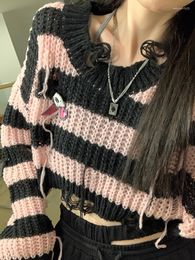 Women's Sweaters Pink Striped Gothic Women Ripped Holes Loose Knitted Pullover Frayed Fairy Grunge Jumpers Streetwear Crop Tops Ladies