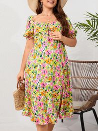 Plus Size Dresses 2023 Fashion Women Summer Dress Female Square Neck Short Sleeve Floral Print Boho Beach Clothing