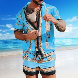 Men's Tracksuits Set Men Casual Outfit Print Shorts Suits Man Vintage Plus Size printed pattern Sleeve Shirt and Shorts Outfit Trendy Two Pieces Casual Chic Style